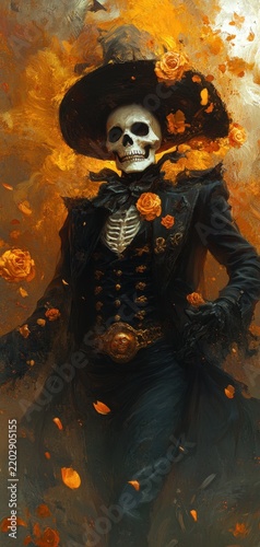 Mysterious Skeleton Character in Vintage Black Costume Surrounded by Golden Leaves and Roses