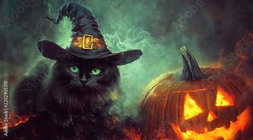 Mysterious Black Cat Familiar in Wizard Hat Sitting Near Glowing Halloween Pumpkin Lantern