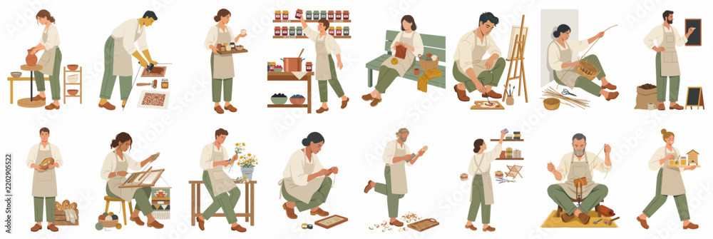 Obraz premium Flat vector illustration collection of diverse people engaged in various creative hobbies, arts, and crafts, wearing aprons and using various tools.