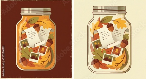 Mason jar filled with autumn leaves acorns and old photographs during warm golden hour light concept