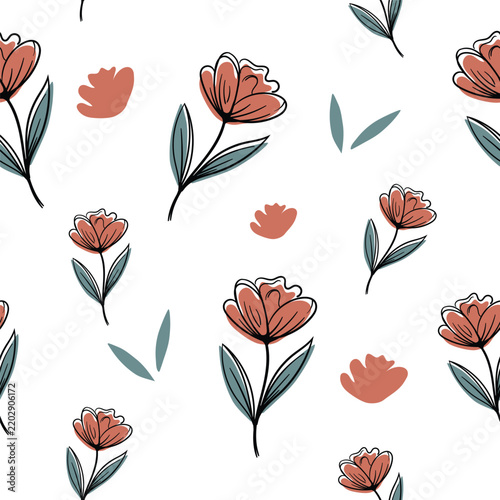 Seamless pattern of flowers on a white background.