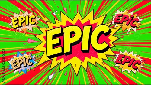 Epic Comic Text Dynamic Animation with Pop Art Speech Bubbles on Green Burst Background Loop
