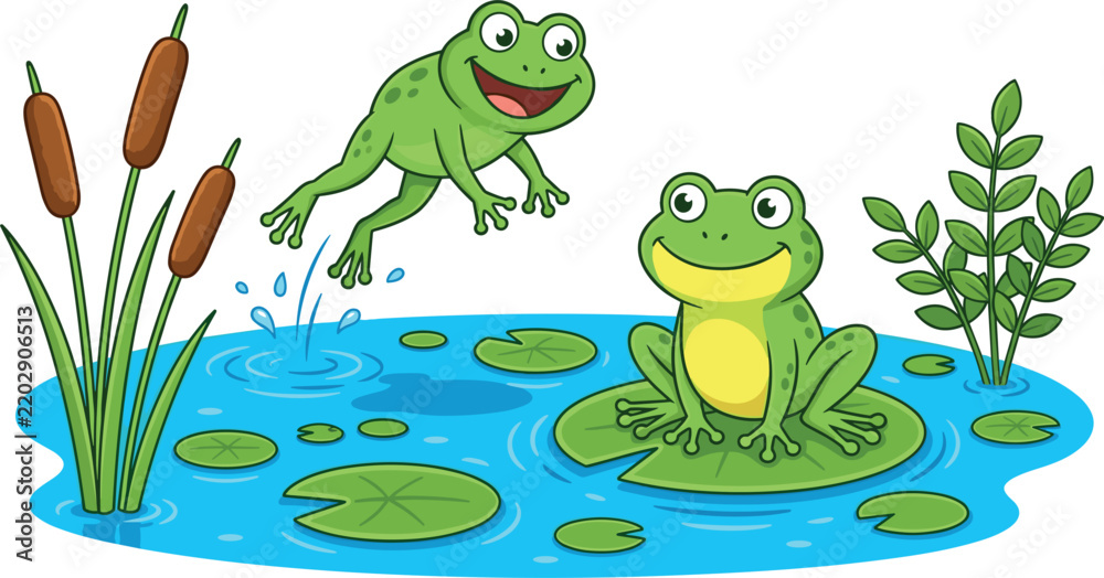 Fototapeta premium Cute Cartoon Frog Pond Vector Illustration Featuring Happy Jumping Frogs Lily Pads and Cattails for Kids Educational Nature Book Designs