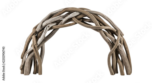 A rustic archway crafted from intertwined natural wood branches or driftwood, isolated on a white background.