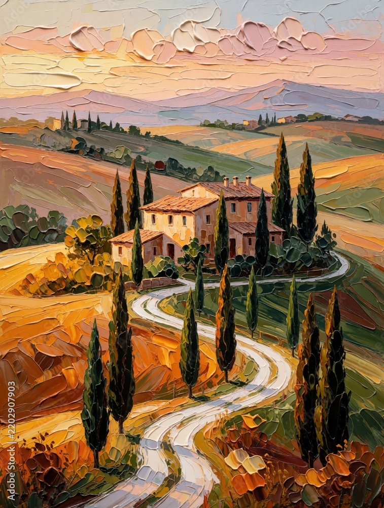 Obraz premium Impasto oil painting of rustic Tuscan farmhouse in Italy. Winding dirt road leads to old stone villa among cypress trees. Rolling hills, hills under warm sunset sky. Peaceful countryside landscape