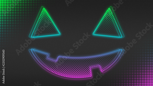 Neon Green-Blue-Purple Ombre Spooky Halloween Smile Outline Futuristic Digital Glow Halftone Illustration