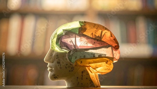 Model head with colorful origami cranes inside brain cavity