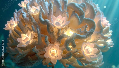 Glowing lotus flowers on surreal coral structure underwater