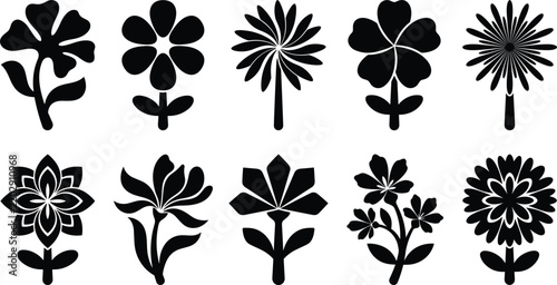 Floral silhouette icon pack showing diverse black solid flower heads stalks petals and decorative garden plant shapes