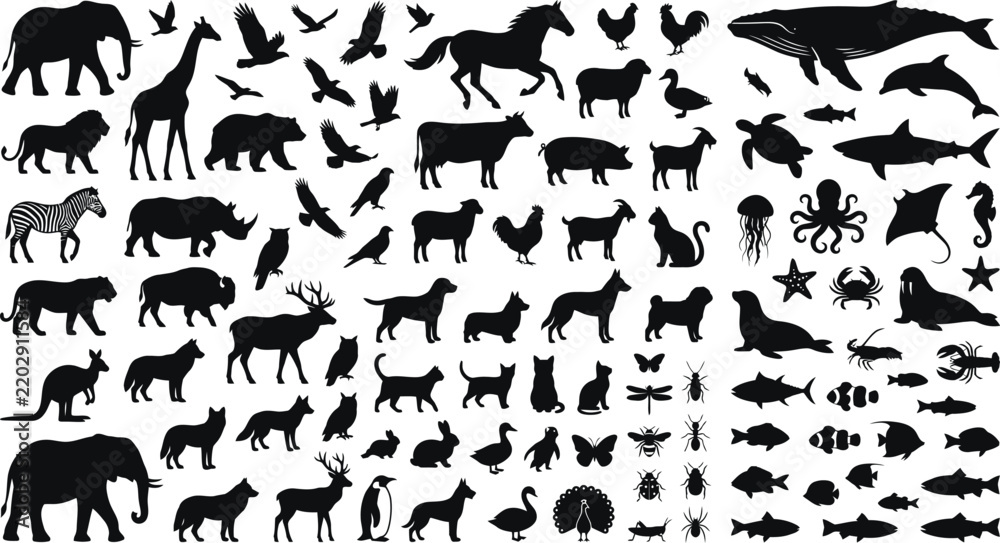Fototapeta premium Black and white wildlife animal bird fish silhouette collection for design