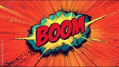 Boom Comic Pop Art Pulsating Speech Bubble on Vibrant Red Burst Background Retro Dynamic Loop