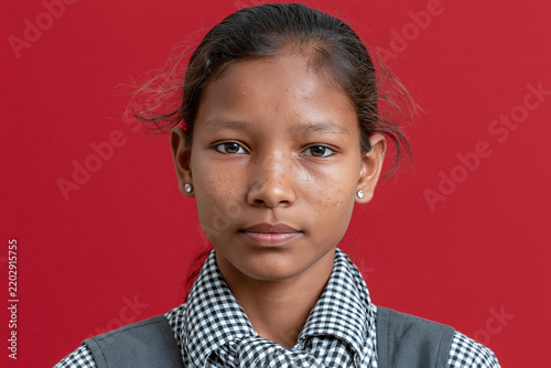 Portrait of Indian teenage girl wearing school uniform and earrings with red background