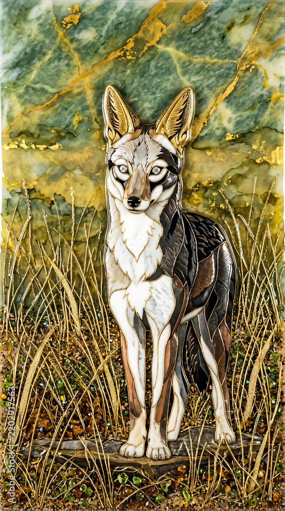 Obraz premium Tactile Luxury Masterpieces - Cloisonné Inlaid Marble Jackal Standing In Golden Wire Grass Against Green Jade Stone Relief Background.