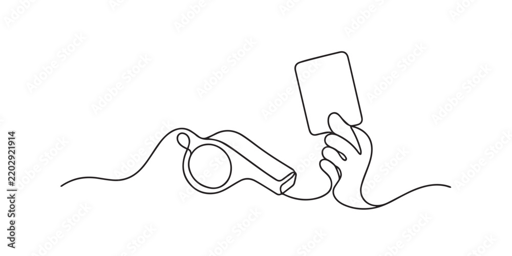 Obraz premium Single line drawing of a whistle and penalty card. Continuous line drawing showing sports officiating equipment used to signal fouls and rule violations during matches.
