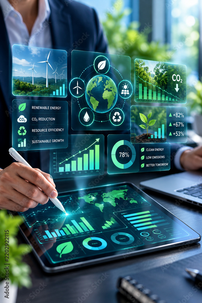Obraz premium Eco Data Analytics Dashboard for Sustainable Business and Renewable Energy
