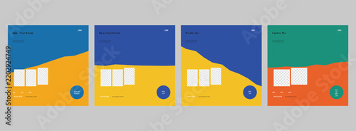 Minimalist geometric poster design layouts featuring vibrant color blocks and modern template placeholders for digital content promotion