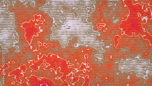 Abstract camouflage pattern with organic shapes in vibrant orange and muted beige, textured background