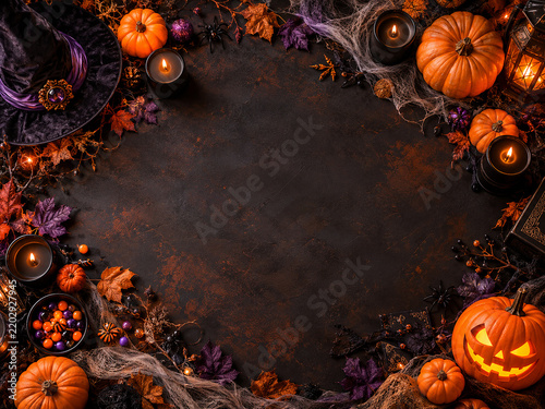  Halloween flat lay background with pumpkins, black candles, witch hat, autumn leaves, candy and decorative spider webs arranged around a dark background with large central copy space. Ideal for Hallo