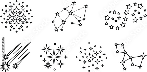 Star constellation icon set with night sky spark firework shooting star astrology vector line art