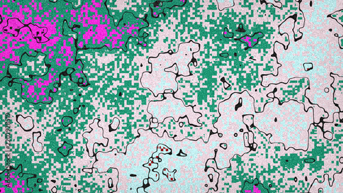 Abstract digital pattern with pixelated green and pink shapes, outlined by irregular black contours on a textured light background