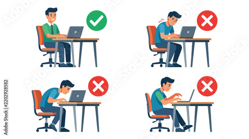 Correct and Incorrect Sitting Posture at Computer Desk Illustration