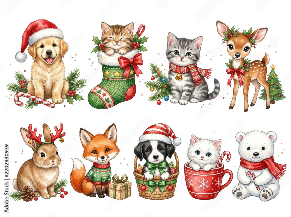 Obraz premium Christmas Animals: A delightful collection of adorable animals adorned in festive holiday attire, evoking a sense of warmth, joy, and Christmas spirit.