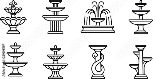 Water fountain icon set with park garden monuments tiered stone cascades architecture vector line art