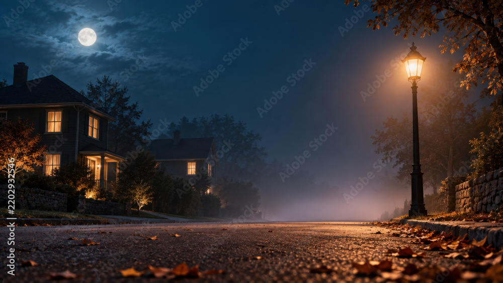 Obraz premium Halloween night with full moon glowing over quiet suburban street illuminated by warm house lights and vintage street lamp with fallen leaves