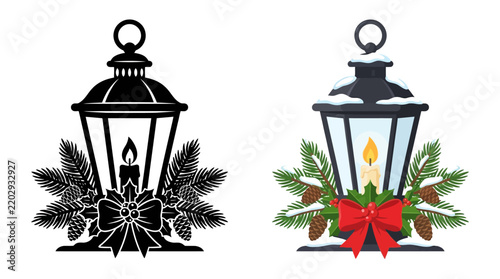 Winter lantern with evergreen branches and red bow vector illustration