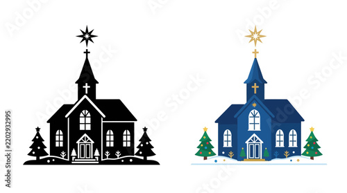 Stylized church illustration with star presented in black and blue color schemes