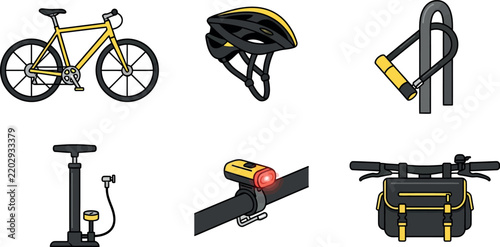 Cycling Gear and Bicycle Accessories Icon Set Featuring Sport Road Bike Safety Helmet Heavy Duty U Lock Floor Tire Pump Handlebar Light and Frame Storage Bag