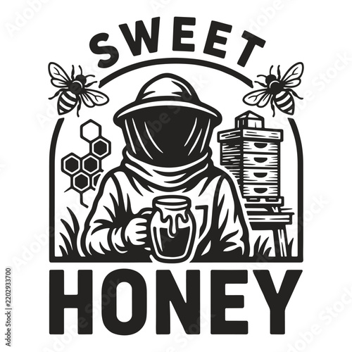 Beekeeper holding honey jar with bees and hives.