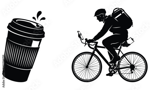Cyclist with delivery backpack and coffee cup.