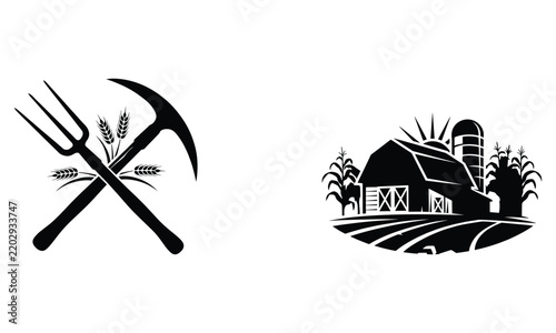 Farm equipment and barn symbols representing agriculture and farming industry.