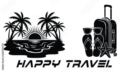Tropical beach sunset scene with travel accessories.