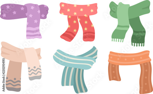 Collection of Colorful Hand Drawn Scarves with Floral and Striped Patterns 