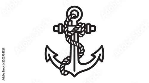 Nautical ship anchor vector graphic illustration with heavy intertwined rope in black and white style