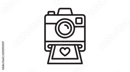 Minimalist black and white vector graphic illustration of retro instant camera printing a heart photo