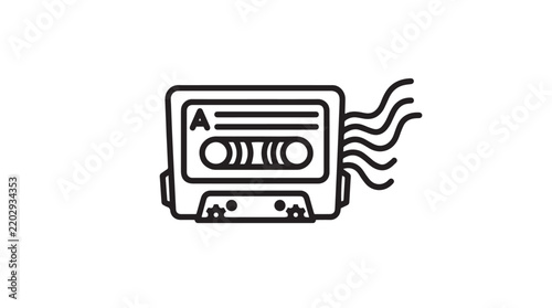 Retro audio cassette tape vector illustration with sound waves in minimalist black and white style