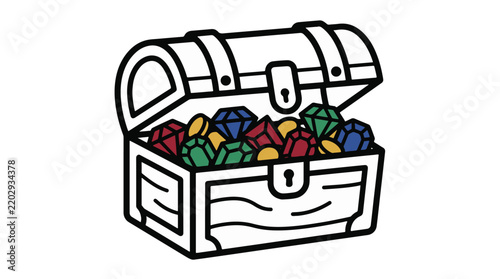 Open treasure chest filled with colorful gems and jewels in clean vector graphic illustration style