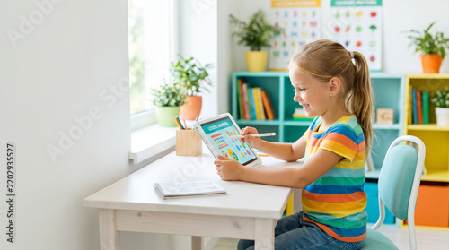 Child using tablet for schoolwork at a bright home study space  