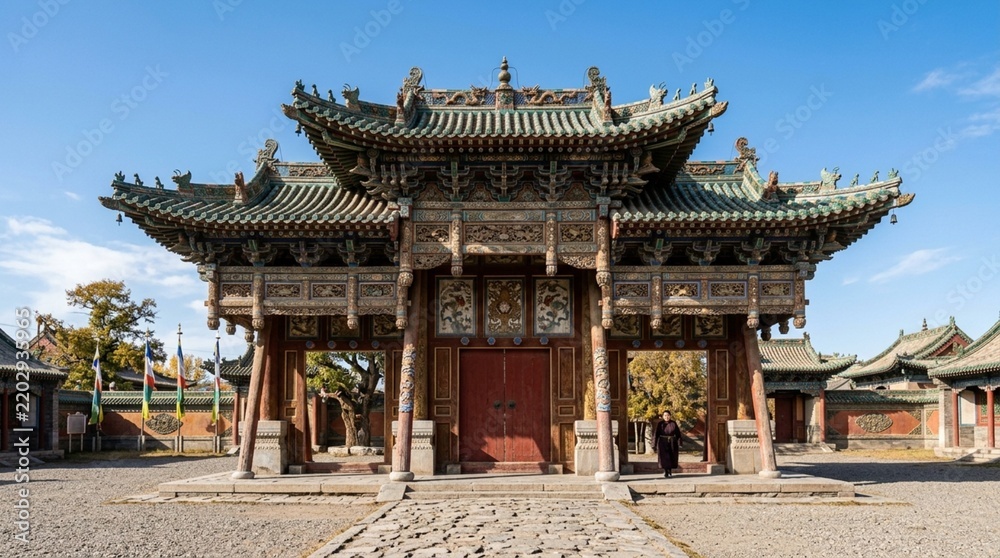 Fototapeta premium Traditional Mongolian Monastery Gate, Buddhist Architecture, Ulaanbaatar, Asia