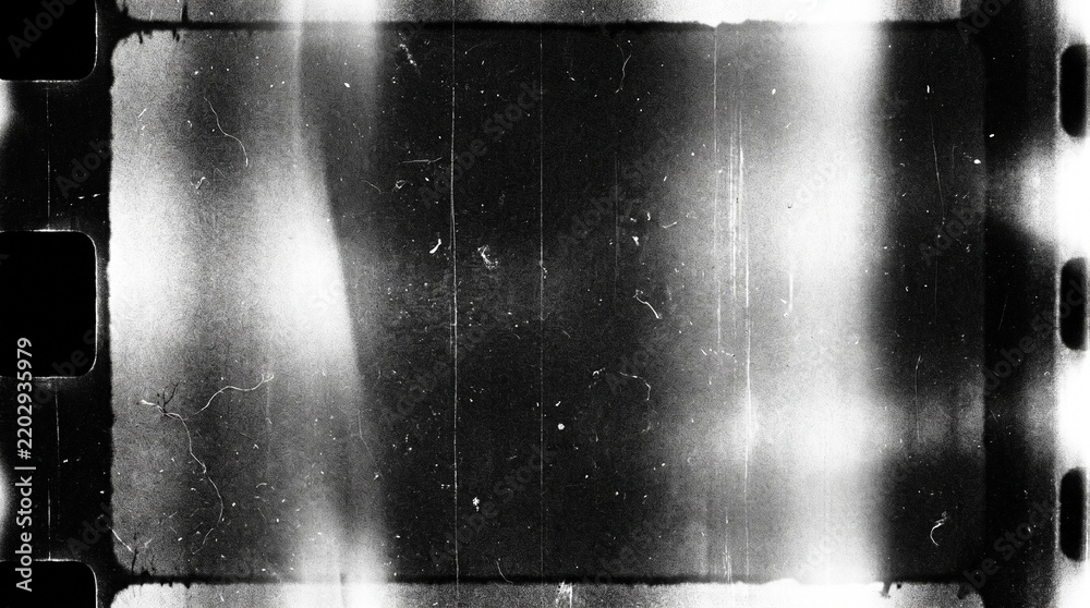 Obraz premium Old film texture with scratches, noise and light leaks. Realistic transparent overlay film texture in black-white, dust and grain. Distressed retro movie or photo negative effect of cinema nostalgia