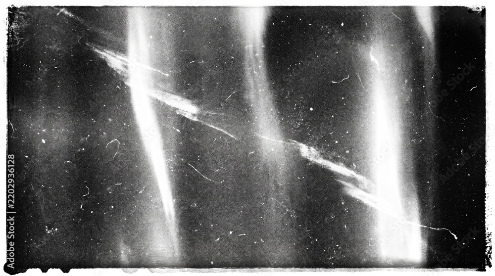 Obraz premium Old film texture with scratches, noise and light leaks. Realistic transparent overlay film texture in black-white, dust and grain. Distressed retro movie or photo negative effect of cinema nostalgia