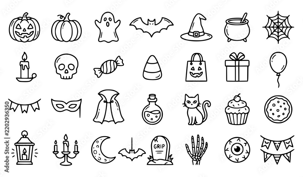 Fototapeta premium Halloween Party Pumpkin Ghost Witch and Decoration 30 Hand Drawn Icons