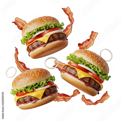 Three delicious burgers with bacon and onion rings floating on transparent background.