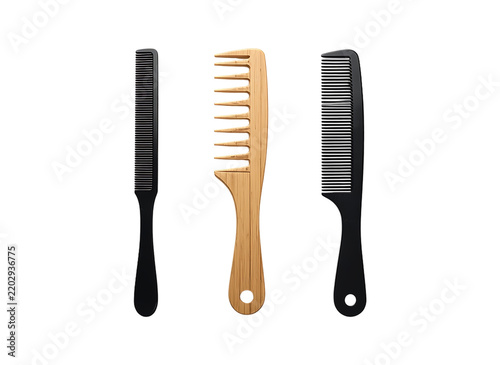 Three different hair combs including a wooden wide tooth comb and black plastic styling combs on black