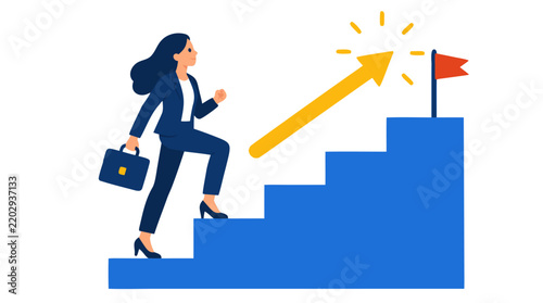 Bild auf Leinwand Confident Businesswoman Climbing Staircase to Success With Upward Arrow and Goal
