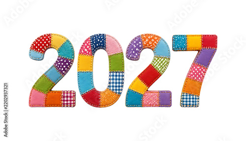 Colorful patchwork quilt style numbers representing the year 2027 isolated on a solid black background