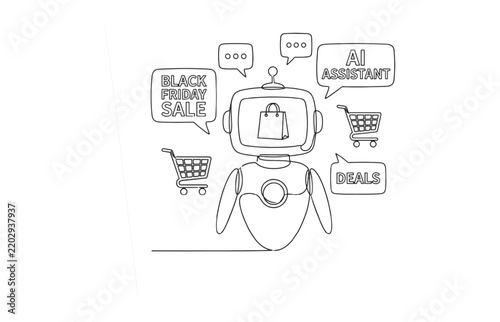Black line drawing of ai assistant robot with shopping bags and cart during black friday sale for ecommerce.